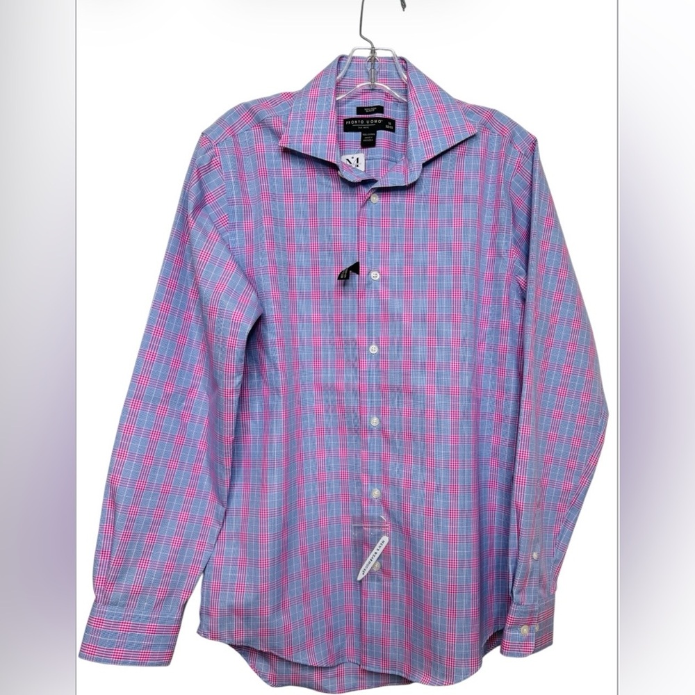 Pronto Uomo Blue & Pink Plaid Non Iron Slim Fit Long Sleeve Dress Shirt 15 32/33